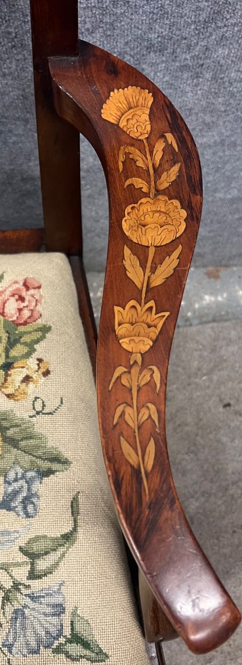 An antique mahogany armchair featuring floral marquetry wood inlays throughout the frame and splat, fitted with a floral needlepoint upholstered seat. View VIII