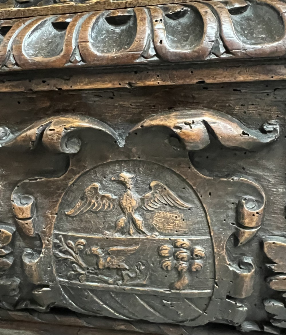 Rare Late 16th. / 17th. C. Very Large Armorial Walnut Cassone Coffer View II
