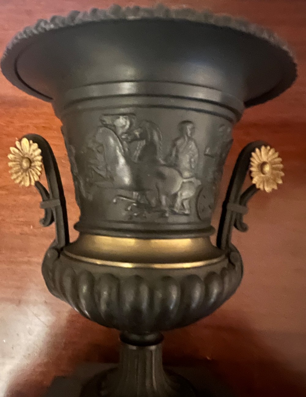 Antique Pair of French Bronze & Marble Urns View II