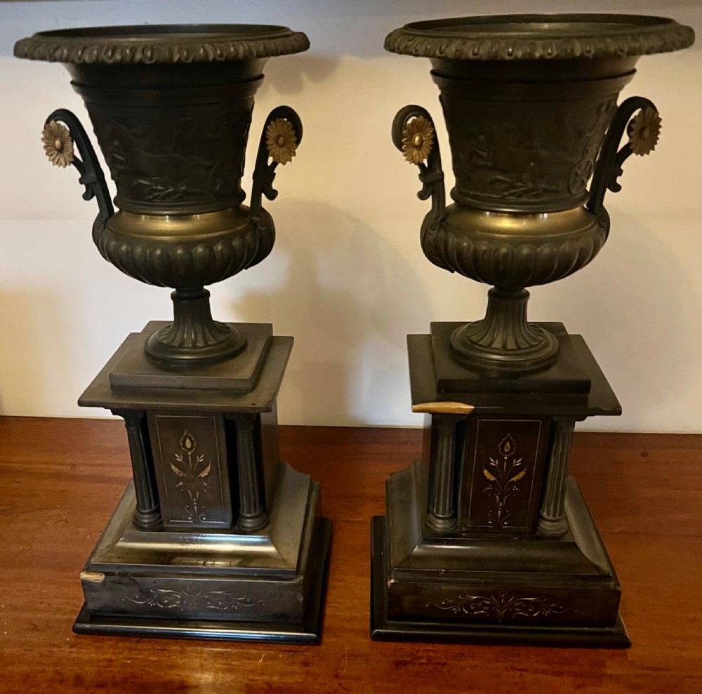 Antique Pair of French Bronze & Marble Urns View VIII