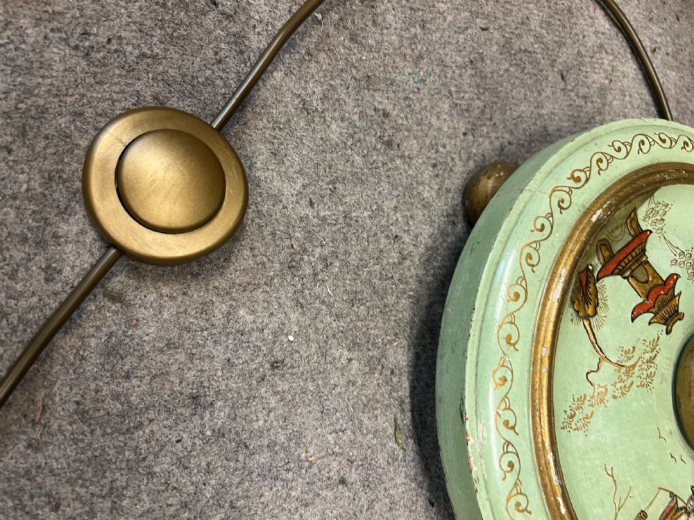 A sage green hand-painted Chinoiserie standard lamp featuring oriental motifs and a domed shade with fringed tassels. View VII