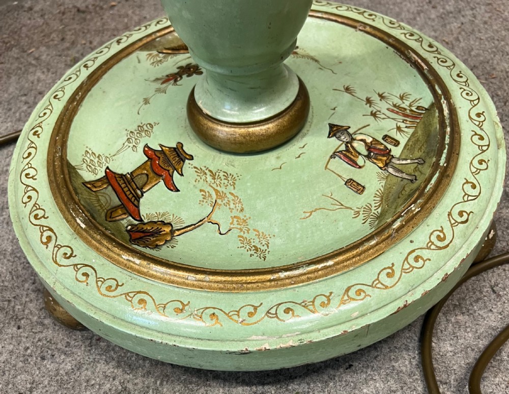 A sage green hand-painted Chinoiserie standard lamp featuring oriental motifs and a domed shade with fringed tassels. View VIII