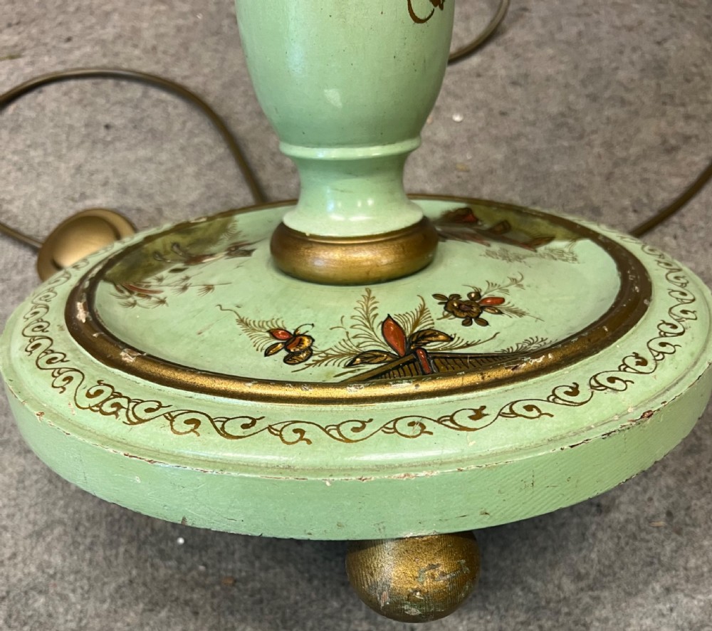 A sage green hand-painted Chinoiserie standard lamp featuring oriental motifs and a domed shade with fringed tassels. View XI