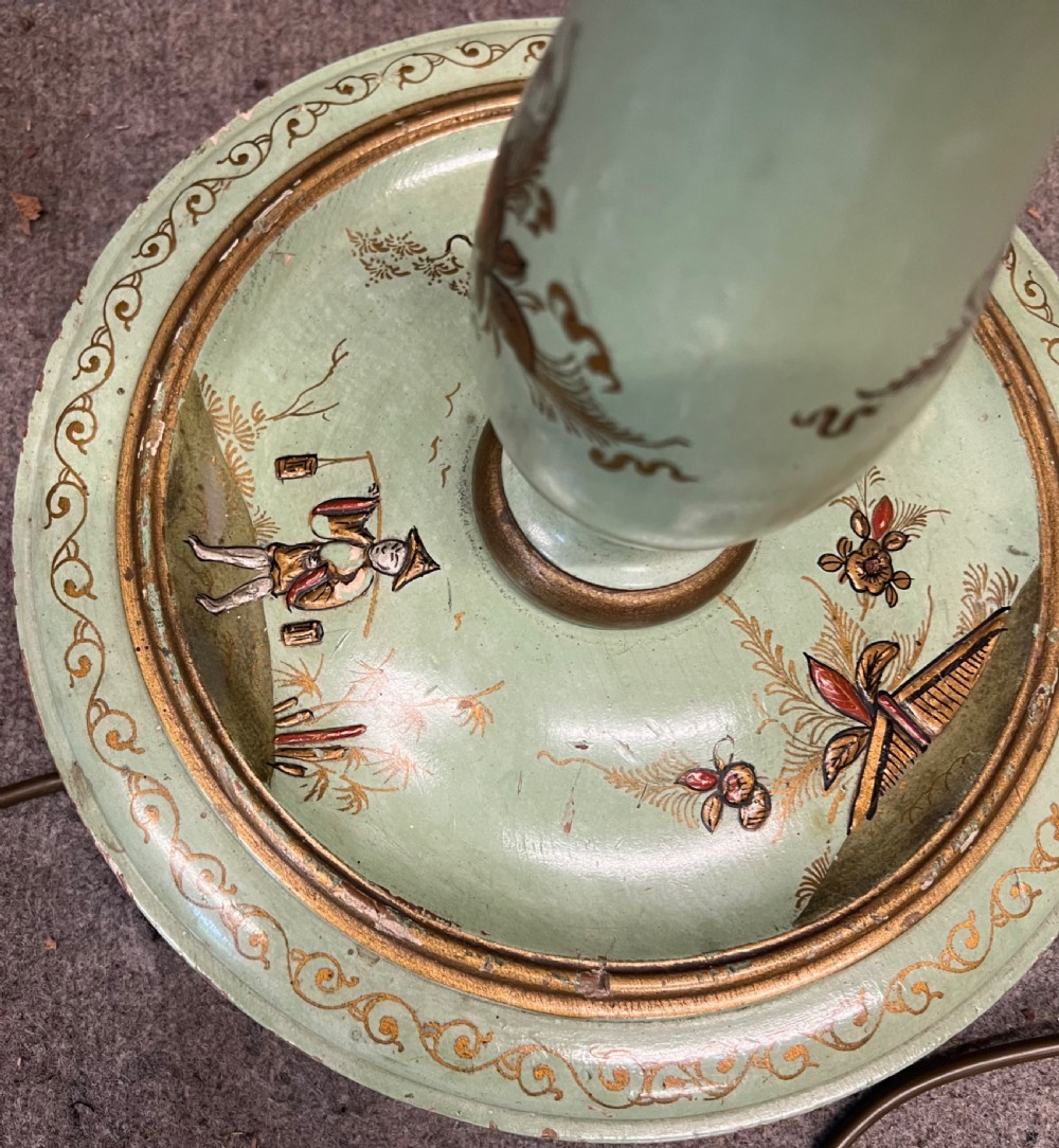 A sage green hand-painted Chinoiserie standard lamp featuring oriental motifs and a domed shade with fringed tassels. View XII