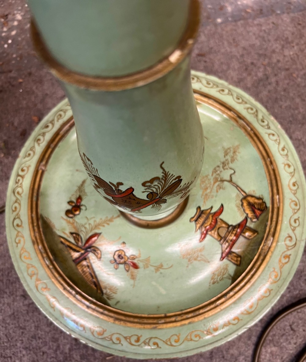 A sage green hand-painted Chinoiserie standard lamp featuring oriental motifs and a domed shade with fringed tassels. View XIII