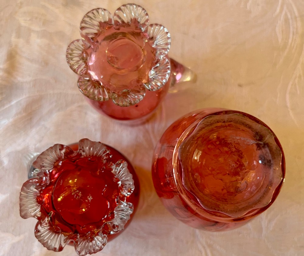 3 Small Antique Cranberry Glass Jugs View II