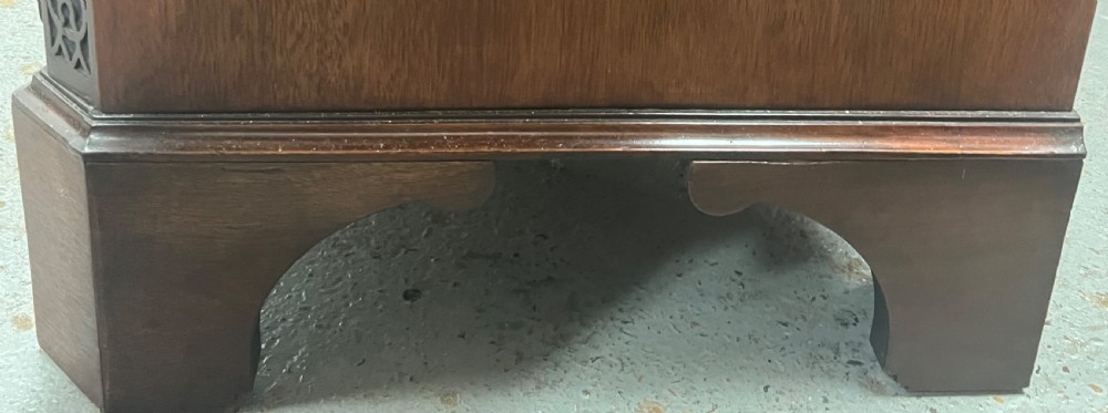A Chippendale style mahogany chest of drawers featuring a serpentine front facade, carved blind fretwork canted corners, brass swan-neck handles, and bracket feet. View X