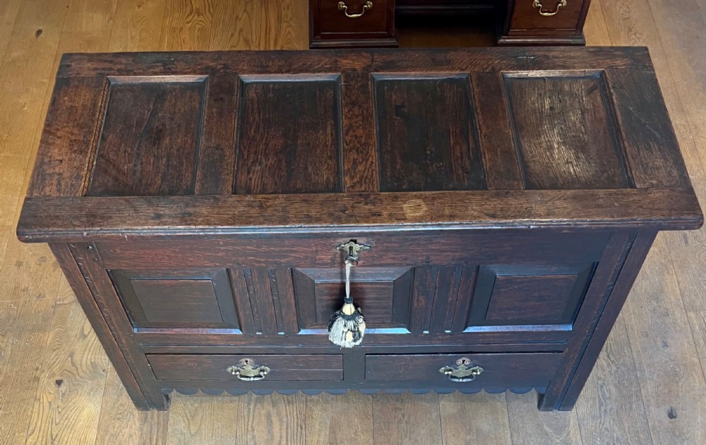 An eighteenth-century dark oak mule chest featuring a four-panel hinged lid, fielded panel front, and two lower drawers with brass drop handles.