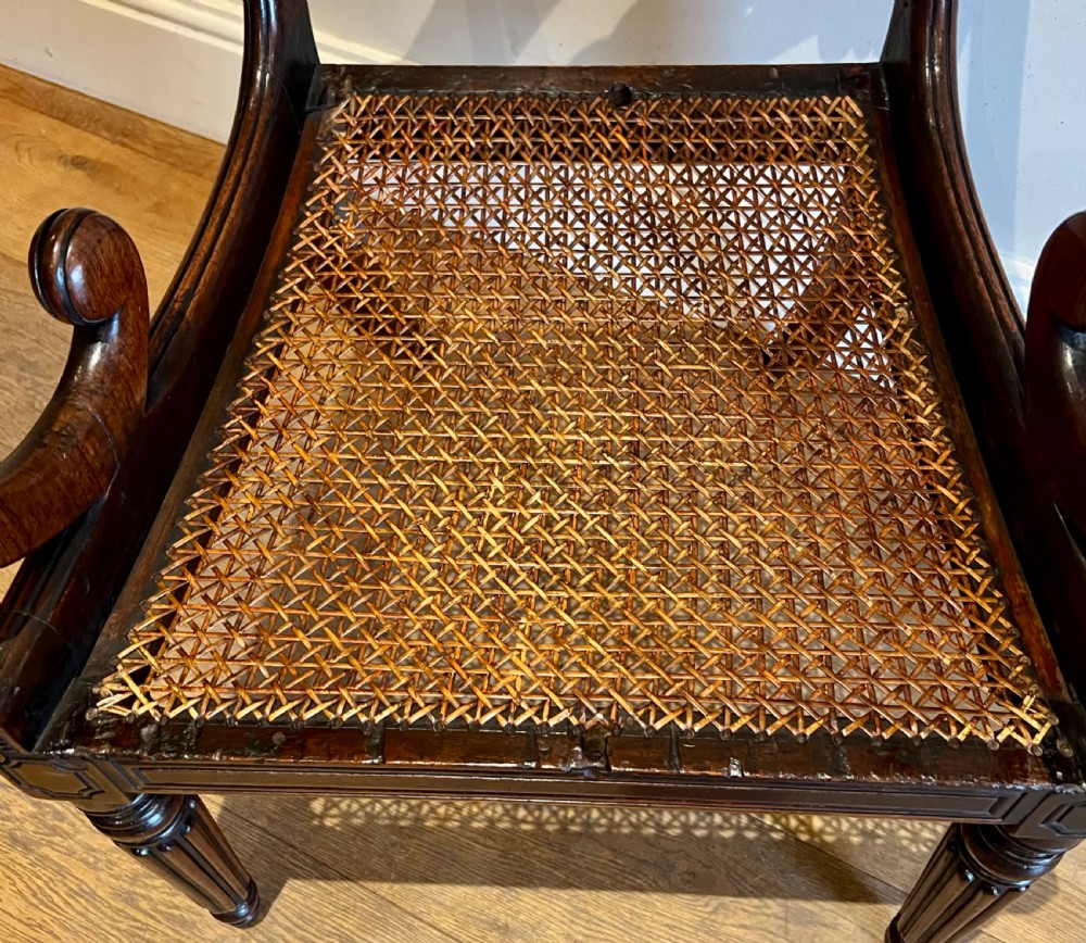 A Regency rosewood elbow chair featuring brass inlay along the top rail, curved scroll arms, a carved central splat, reeded front legs, and a colourful botanical upholstered seat. View III