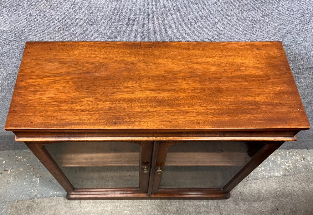 A small Victorian mahogany low bookcase featuring two glazed doors with arched frames, brass knobs, internal timber shelving, and a plinth base. View III