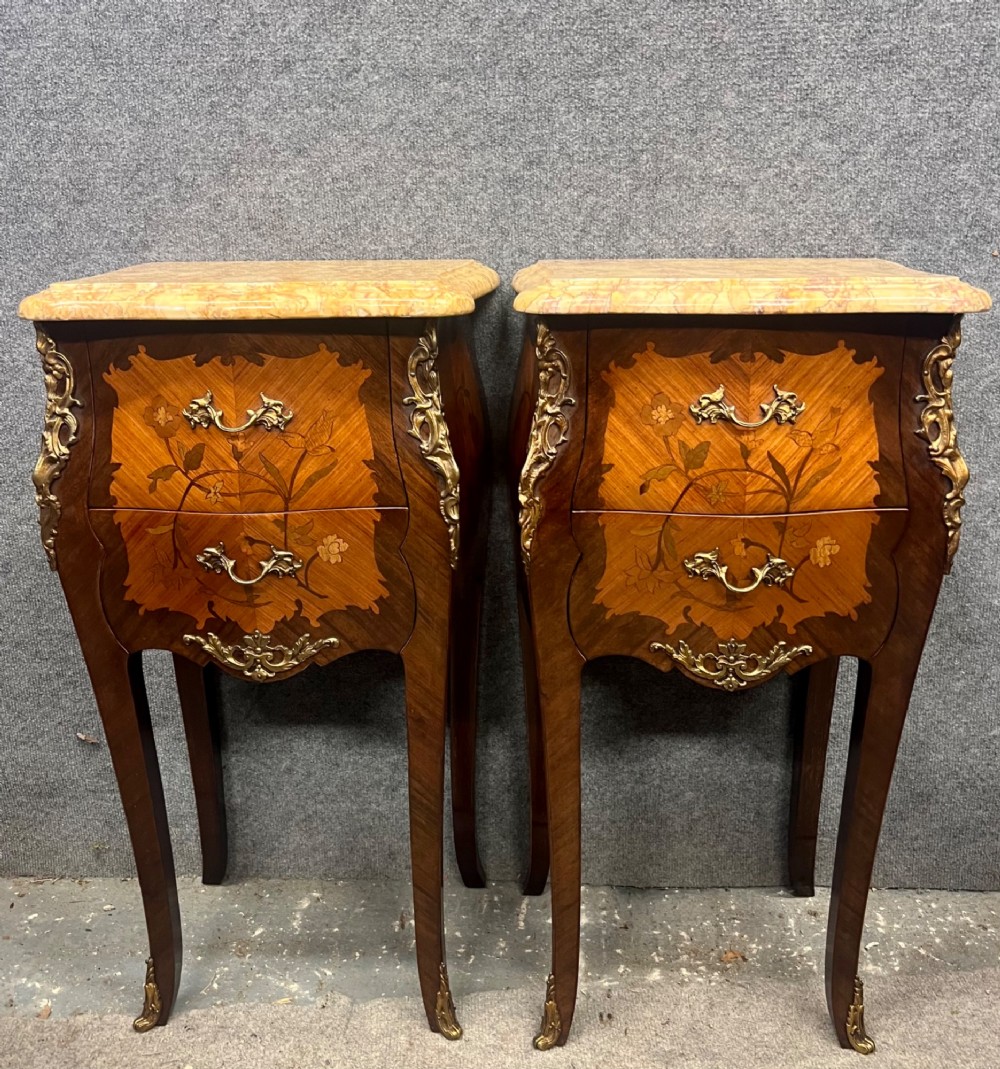 Pair of Marquetry Inlaid Bedside Chests / Lamp Tables