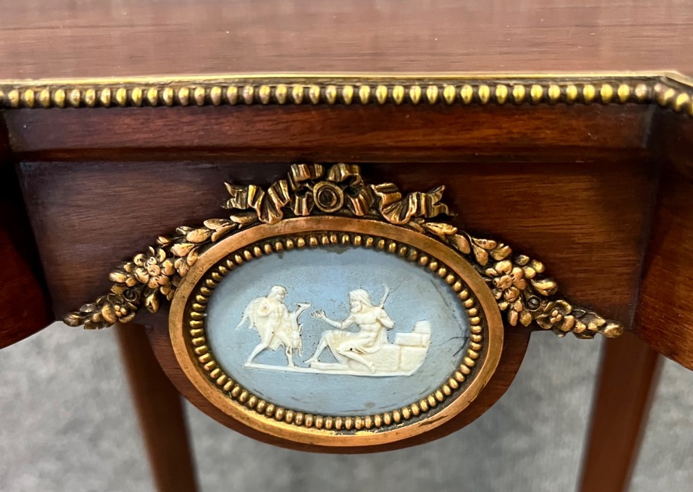 A tall mahogany kidney-shaped occasional table featuring slender cabriole legs, a beaded gilt bronze rim, and a central blue jasperware medallion framed in ormolu. View III