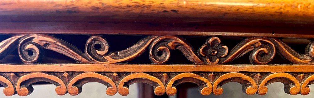 A 19th-century hexagonal specimen wood table featuring a geometric optical illusion parquetry top set on a carved central pedestal base. View VII