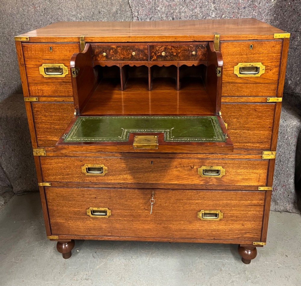 Very Good 19th.C. Teak Campaign Secretaire Chest