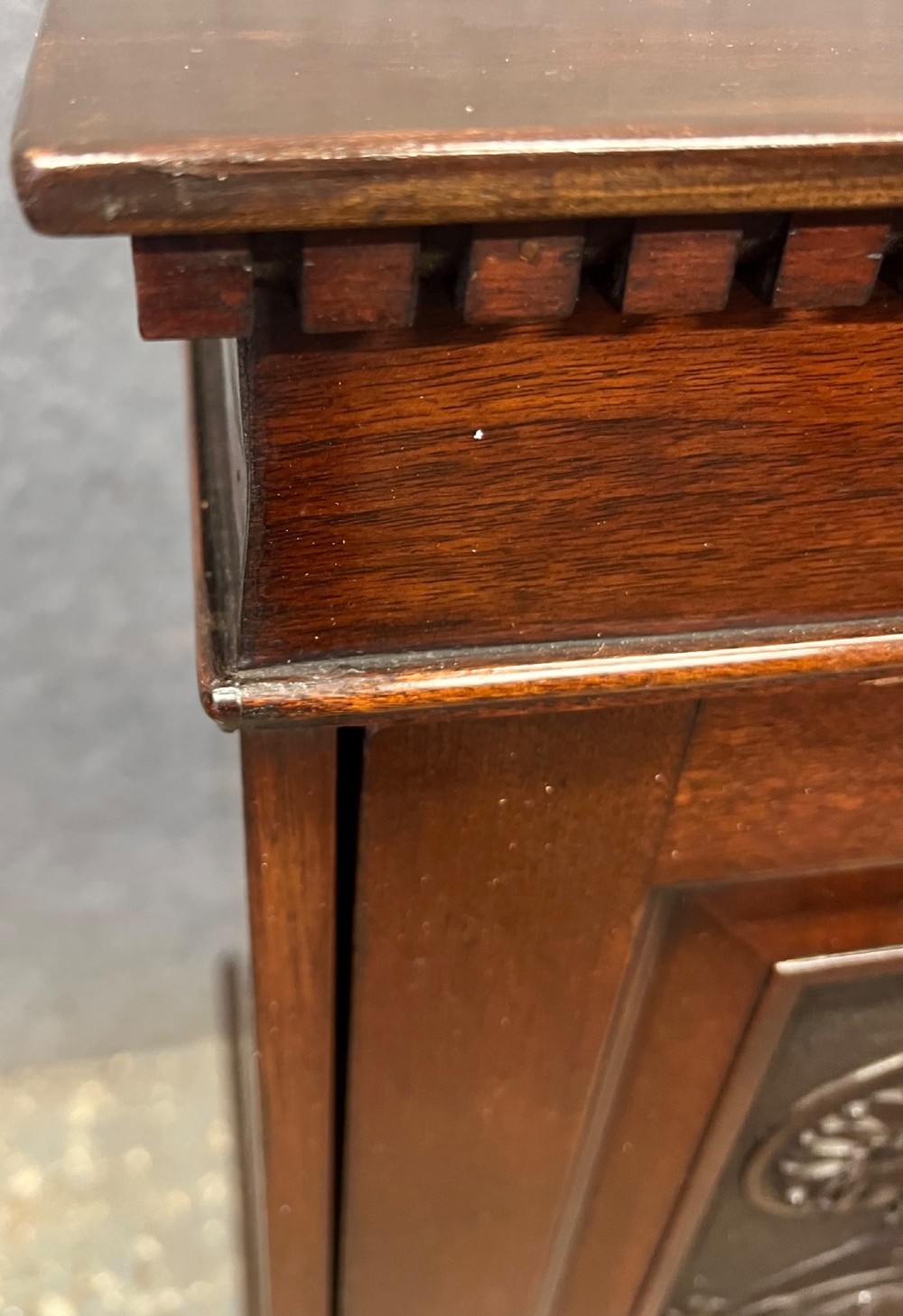 A Victorian mahogany cabinet with an open door revealing an internal Cyrus Price and Company iron safe above two lower drawers. View VII