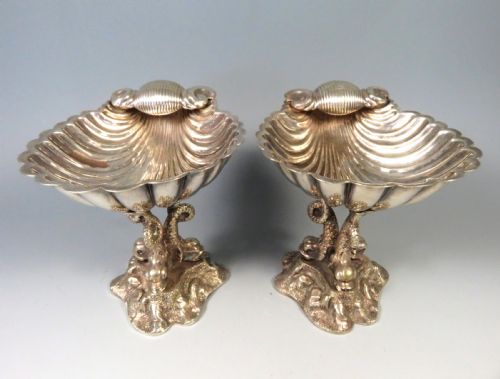 pair victorian silver plate shell dolphin bon bon dishes william hutton - CATEGORY: ANTIQUE SILVER - DATED 1860