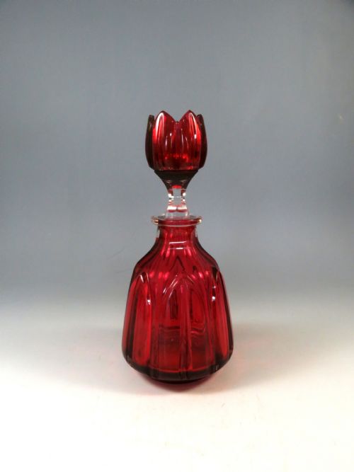 victorian cranberry glass decanter with mixing bowl stopper - CATEGORY: ANTIQUE GLASS - DATED 1880