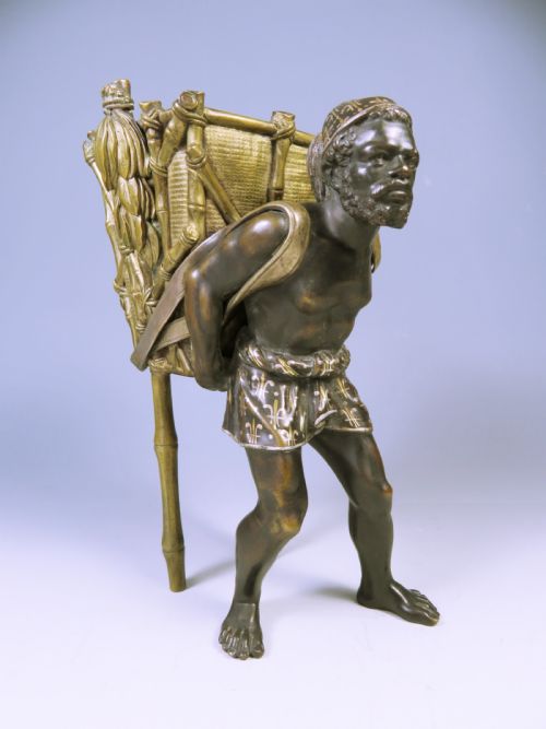 antique 19th century austrian bronze moorish man carrying a basket - CATEGORY: ANTIQUE SCULPTURES - DATED 1890