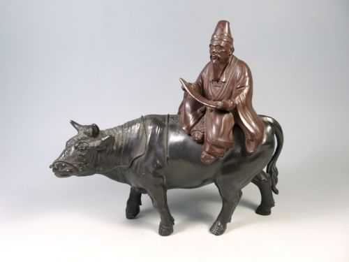 japanese meiji period scholar on bull okimono - CATEGORY: ANTIQUE SCULPTURES - DATED 1910