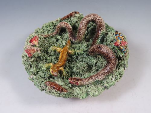 antique palissy ware plate snake and lizard jose alves cunha - CATEGORY: ANTIQUE CERAMICS - DATED 1880