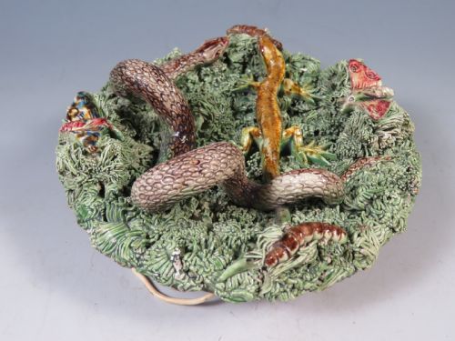 ANTIQUE PALISSY WARE PLATE SNAKE AND LIZARD JOSE ALVES CUNHA - ADDITIONAL PHOTO 3