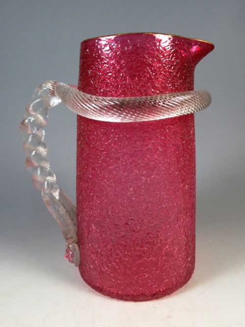 ANTIQUE OVERSHOT CRANBERRY GLASS JUG TWIST HANDLE - ADDITIONAL PHOTO 3