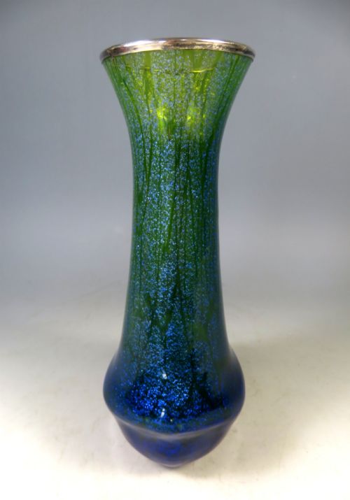 ANTIQUE ART NOUVEAU BLUE GREEN SILVER MICA GLASS VASE JOSEPHINENHUTTE - ADDITIONAL PHOTO 2