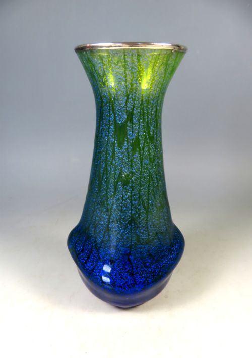 ANTIQUE ART NOUVEAU BLUE GREEN SILVER MICA GLASS VASE JOSEPHINENHUTTE - ADDITIONAL PHOTO 3