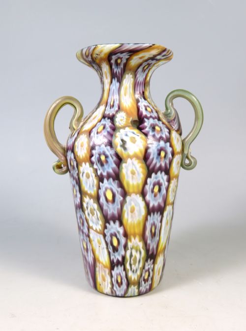 murano fratelli toso millefiori glass vase with handles - CATEGORY: ANTIQUE GLASS - DATED 1940