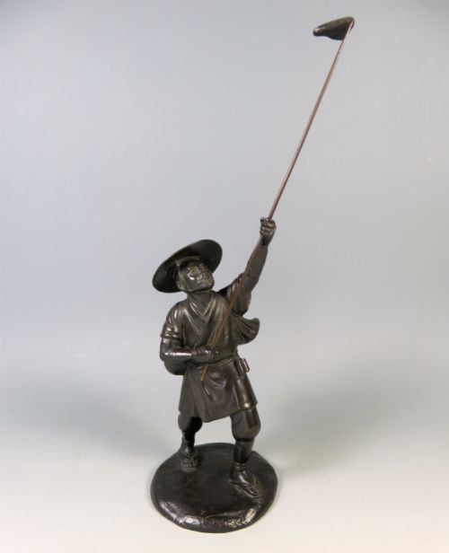 ANTIQUE JAPANESE MEIJI PERIOD BRONZE BIRD CATCHER OKIMONO - ADDITIONAL PHOTO 1