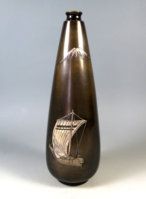 ANTIQUE JAPANESE MEIJI PERIOD BRONZE MIXED METAL BOAT VASE - ADDITIONAL PHOTO 1
