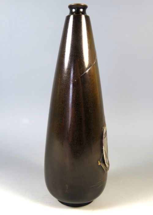 ANTIQUE JAPANESE MEIJI PERIOD BRONZE MIXED METAL BOAT VASE - ADDITIONAL PHOTO 6