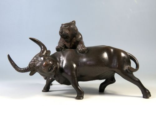 JAPANESE MEIJI PERIOD BRONZE TIGER AND BUFFALO OKIMONO GENRYUSAI SEIYA - ADDITIONAL PHOTO 5