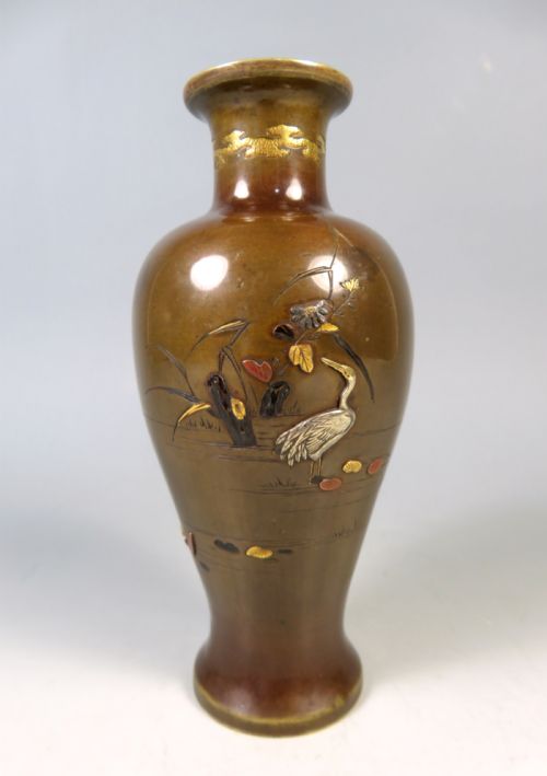ANTIQUE JAPANESE MEIJI PERIOD ONLAID BRONZE BIRDS VASE - ADDITIONAL PHOTO 2