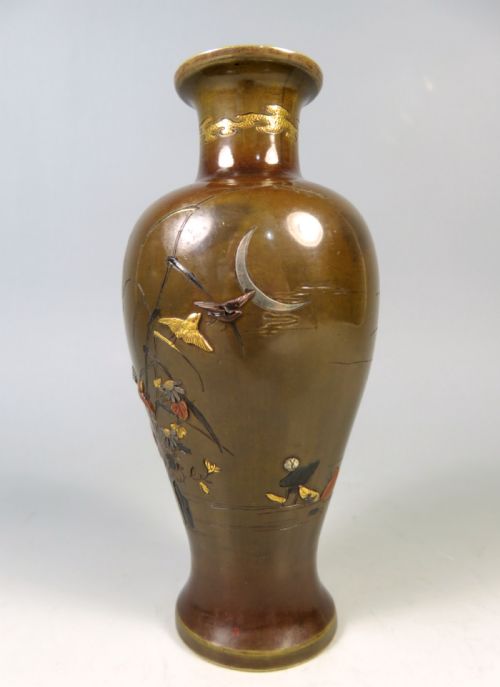 ANTIQUE JAPANESE MEIJI PERIOD ONLAID BRONZE BIRDS VASE - ADDITIONAL PHOTO 3