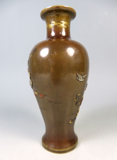 ANTIQUE JAPANESE MEIJI PERIOD ONLAID BRONZE BIRDS VASE - ADDITIONAL PHOTO 4