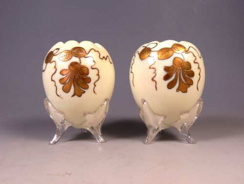 PAIR OF ANTIQUE THOMAS WEBB URANIUM GLASS POSY VASES GILT DECORATION - ADDITIONAL PHOTO 1