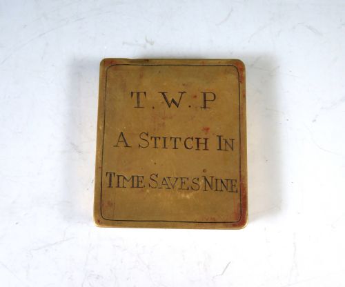 ANTIQUE GEORGIAN BRASS SEWING BOX A STITCH IN TIME - ADDITIONAL PHOTO 1