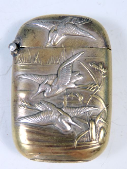 ANTIQUE JAPANESE MEIJI PERIOD VESTA CASE FLYING CRANES - ADDITIONAL PHOTO 1