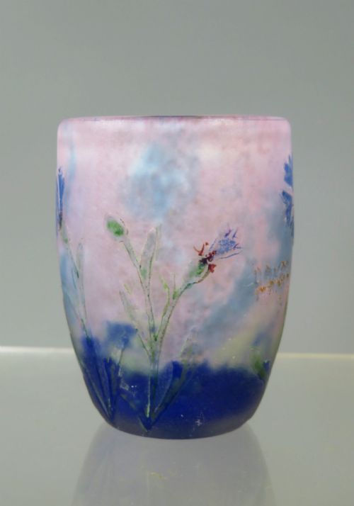 ANTIQUE DAUM CAMEO GLASS ENAMEL CORNFLOWERS MINIATURE VASE - ADDITIONAL PHOTO 4
