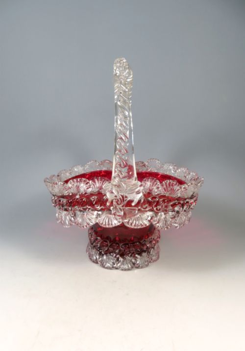 antique victorian applied cranberry glass basket stuart and sons - CATEGORY: ANTIQUE GLASS - DATED 1890