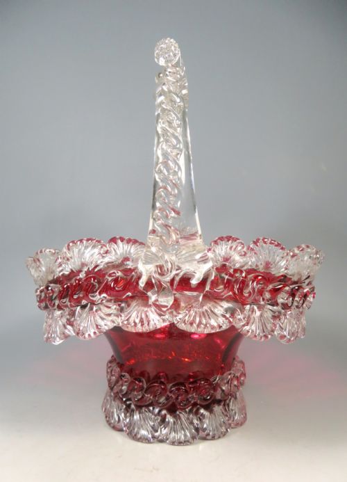 ANTIQUE VICTORIAN APPLIED CRANBERRY GLASS BASKET STUART AND SONS - ADDITIONAL PHOTO 1