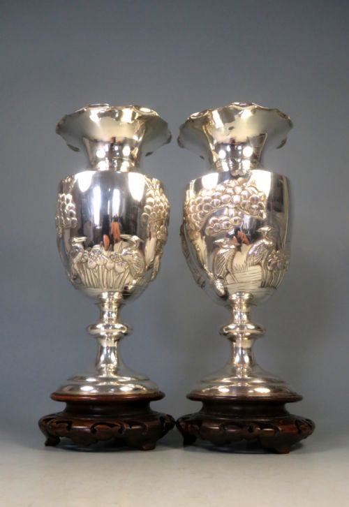 ANTIQUE PAIR CHINESE SILVER SANXING VASES - ADDITIONAL PHOTO 5