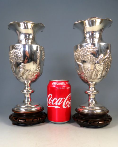 ANTIQUE PAIR CHINESE SILVER SANXING VASES - ADDITIONAL PHOTO 9