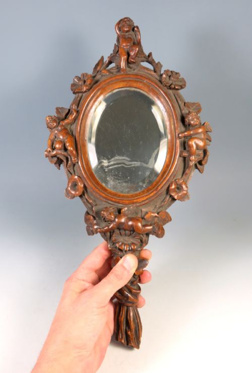 antique continental carved wood cherub hand or wall mirror - CATEGORY: ANTIQUE MIRRORS - DATED 19TH CENTURY