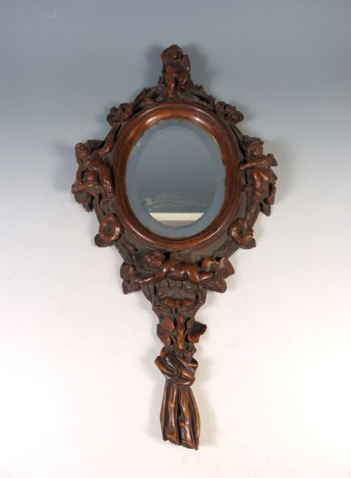 ANTIQUE CONTINENTAL CARVED WOOD CHERUB HAND OR WALL MIRROR - ADDITIONAL PHOTO 1