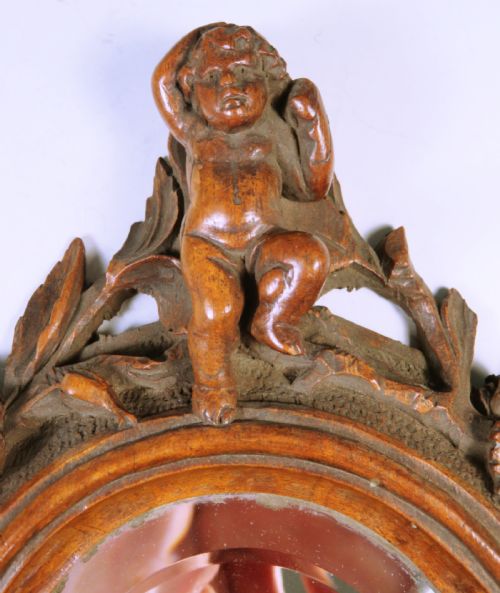 ANTIQUE CONTINENTAL CARVED WOOD CHERUB HAND OR WALL MIRROR - ADDITIONAL PHOTO 3