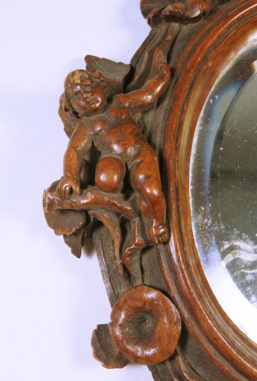 ANTIQUE CONTINENTAL CARVED WOOD CHERUB HAND OR WALL MIRROR - ADDITIONAL PHOTO 4