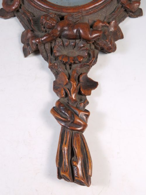 ANTIQUE CONTINENTAL CARVED WOOD CHERUB HAND OR WALL MIRROR - ADDITIONAL PHOTO 5