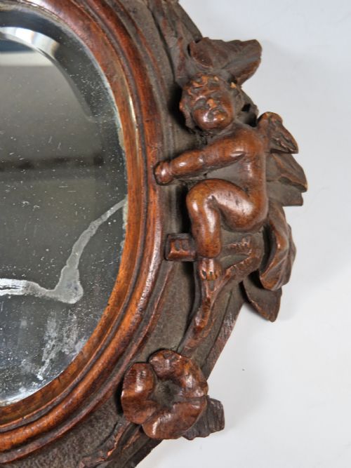 ANTIQUE CONTINENTAL CARVED WOOD CHERUB HAND OR WALL MIRROR - ADDITIONAL PHOTO 6
